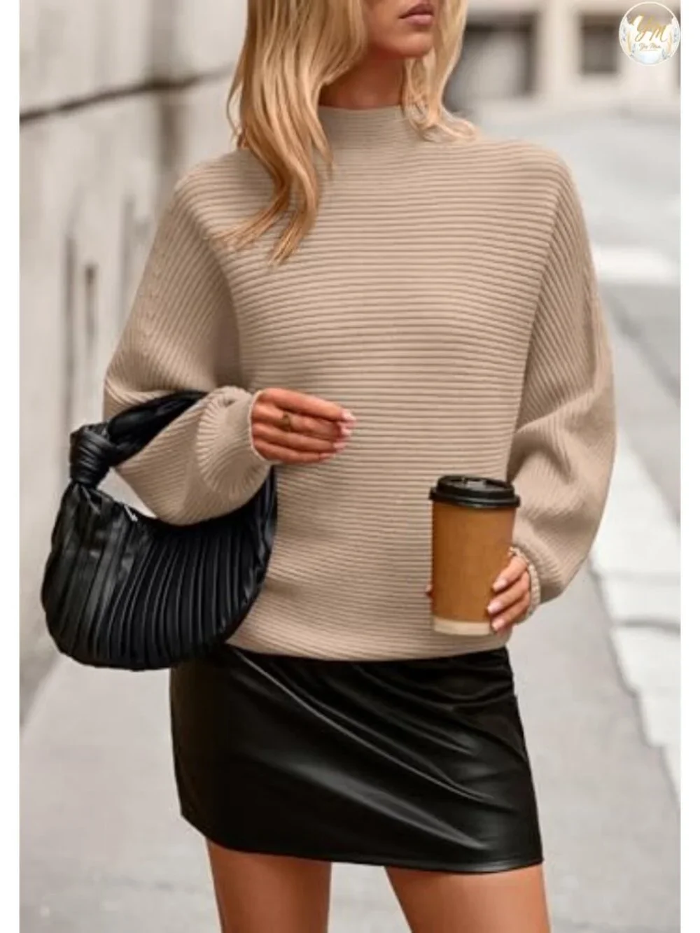 Womens Batwing Long Sleeve Sweater Mock Neck Ribbed Knit Cozy Pullover